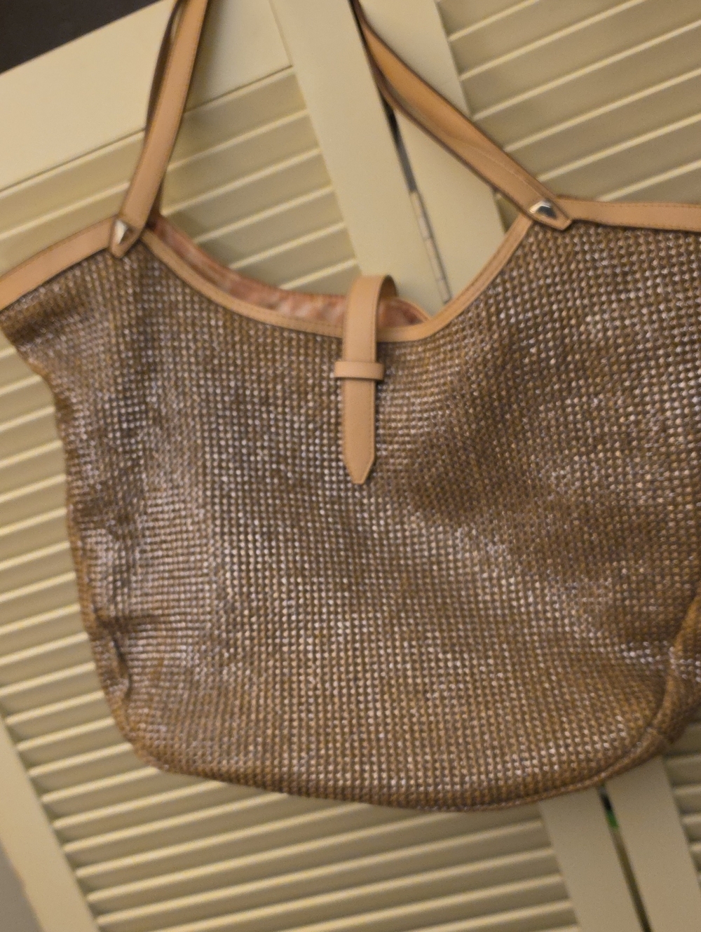 Stella & Dot Woven Tan rosegold Tote with Light Tan Trim